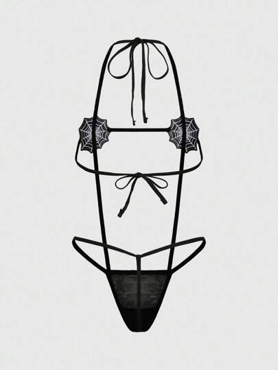 Grunge Punk Dark Punk 3D Spider Web Halter Crotchless Bodysuit, Sexy, Halloween