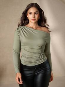 Chikora Plus Size Women Solid Color Asymmetric Neck Ruched Top, Suitable For Commuting, Sage Green Top Office Work Classy Elegant Top - Green - View 6