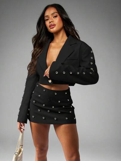 MISSGUIDED Chaqueta corta de manga larga con botones y tachuelas de plata, diseño de moda de declaración formal para fiestas de noche, otoño, invierno y primavera, con un diseño vanguardista