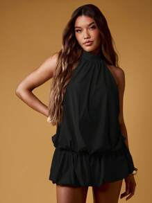MISSGUIDED Halter Neck Mini Dress Sleeveless Puff Ball Evening Party Summer Ruffle Hem Club Wedding Guest Backless Statement Dress - Black - View 4