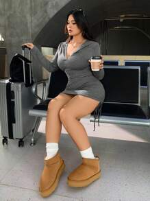 SHEIN EZwear Vestido ajustado con capucha gris casual de talla grande - Gris - Ver 8