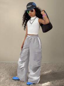 Coolane Kids Tween Girls Fall/Winter Streetwear Sport Basic Flap Pocket Side Drawstring Waist Parachute Grey Cargo Pants - Grey - View 4