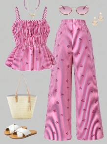 Sparklyn 女童条纹蝴蝶结吊带背心和直筒裤夏季度假装 - 紅色 - 查看 2