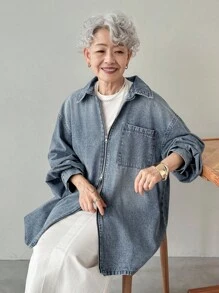 FRIFUL 女式落肩长袖拉链前口袋宽松休闲牛仔夹克 - 藍色 - 查看 7