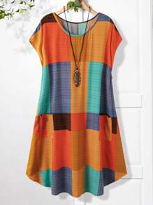 Rusticease Vestido casual de verano para mujer de talla grande con cuello redondo y mangas de murciélago a cuadros - Azul - Ver 4