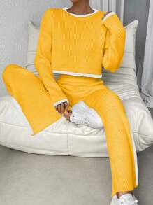 Chiquease 2pcs Contrast Trim Round Neck Long Sleeve Top And Split Hem Pants Knit Set Knitted Sweater Clothes For University - Mustard Yellow - View 4