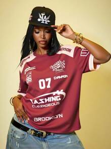 ROMWE Street Life Women's Casual Racing Elements Short Sleeve T-Shirt, Suitable For Everyday Wear In Spring/Summer