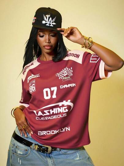 ROMWE Street Life 女士休闲赛车元素短袖T恤，适合春夏季日常穿着