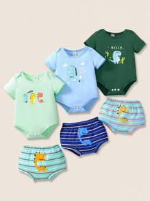 SHEIN 6件/包 婴儿可爱动物印花连体衣，多色多包装 - 彩色 - 查看 1