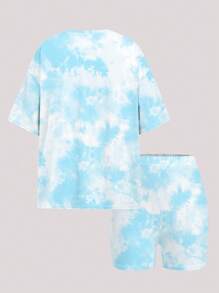 SHEIN 2 件套可爱卡通蓝色兔子露露，针迹图案，清新天蓝色扎染，少女休闲宽松短袖 T 恤和紧身裤套装，适合夏季，复古风格，轻松舒适，休闲装，儿童图案服装，返校，度假氛围，阳光之旅，春季休闲装，夏季度假，家庭时光，凉爽的夏天 - 彩色 - 查看 3