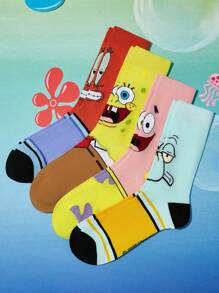 SpongeBob SquarePants | SHEIN 4 Pairs Soft & Breathable Moisture-Wicking Casual Men Mid-Calf Socks With Squidward & Krusty Krab, Fashionable And Cute Colorful Crew Socks, Reinforced Toe & Heel For Durability, Unisex For Women, All Season All-Match Summer Winter - Multicolor - View 7