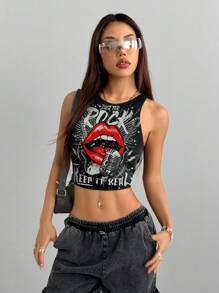 Coolane Rock Casual Rap Guitar Rock Graphic Round Neck Tight Fit Women Tank Top, Suitable For Summer Concert Chic