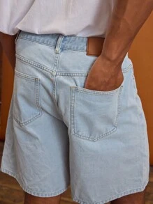 Musero 男士水洗牛仔空白纯色风格短裤春夏胶囊衣橱 - 淺色水洗藍 - 查看 6