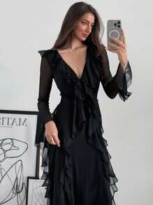 Aloruh Women's Fashion Elegant Arabic Style Long Sleeve Dress Black Knitted Dress Date Party Business Commuting Casual Simple Solid Color Dress Mesh Deep V Neck Sexy Ruffle Hem Romantic Dress Maxi Dress Bodycon Dress,Suitable For Spring And Summer,Graduation,Teacher Outfits For Women,Teacher Dress