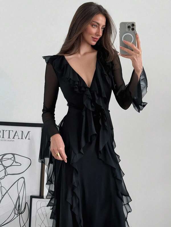 Aloruh Women's Fashion Elegant Arabic Style Long Sleeve Dress Black Knitted Dress Date Party Business Commuting Casual Simple Solid Color Dress Mesh Deep V Neck Sexy Ruffle Hem Romantic Dress Maxi Dress Bodycon Dress,Suitable For Spring And Summer,Graduation,Teacher Outfits For Women,Teacher Dress
