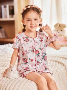 Pijama corto de manga corta y pantalón corto con decoración de lazo, ignífugo y cómodo para niña - Rosa - Ver 5