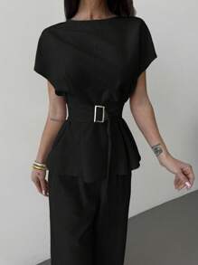 Firerie 春夏新款优雅杏色亚麻竹节领收腰纽扣衬衫和高腰直筒阔腿裤通勤套装、亚麻休闲套装、度假套装