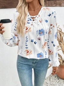 EMERY ROSE Women's V-Neck Floral Pattern Casual/Work Long Sleeve Shirt Fall Cloth For Women - Multicolor - View 1