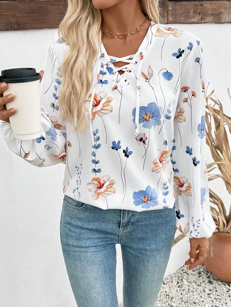 EMERY ROSE Women's V-Neck Floral Pattern Casual/Work Long Sleeve Shirt Fall Cloth For Women - Multicolor - View 1