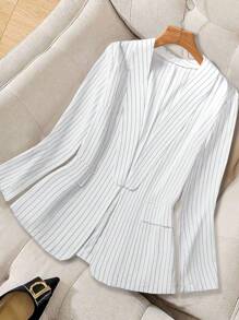 SHEIN Clasi Chaqueta tipo blazer de manga larga con cuello de Mao a rayas para mujer de talla grande, elegante abrigo informal de negocios de estilo retro para el verano - Blanco - Ver 1