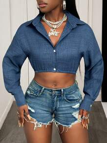 BamGleam 休闲时尚百搭牛仔效果性感长袖短款衬衫