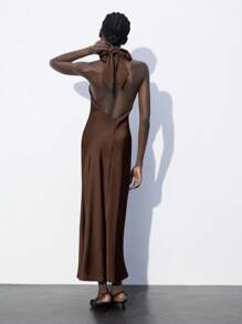 Maija 女士棕色四季百搭现代都市时尚设计长裙，露背领，纯色，合身，简约，休闲日常穿着 - 棕色 - 查看 6