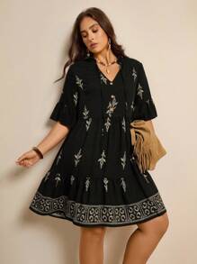 Freevana 大码女式花卉印花度假娃娃裙，夏季 - 黑色 - 查看 8