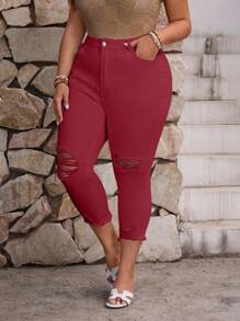 EMERY ROSE 大码女式口袋紧身休闲破洞牛仔七分裤 - 紅色 - 查看 3