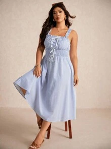 Elaquor Vestido Plus Size Casual Férias Azul e Branco Listrado com Alça na Cintura - Azul e branco - Ver 6