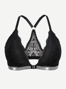 SHEIN ملابس داخلية نسائية كبيرة الحجم من الدانتيل مع تشطيب معدني، مريحة وعصرية، باللون الأسود