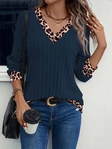 SHEIN LUNE 休闲豹纹拼布卫衣，适合春秋季节