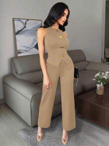 Conjunto elegante de negocios casuales para mujer, camiseta sin mangas ajustada y sexy con decoración de botones de metal y pantalones, conjunto de 2 piezas en color negro - Caqui - Ver 10