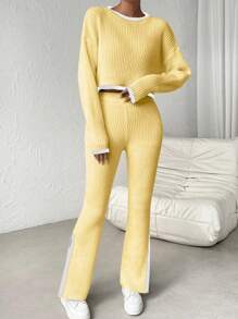 Chiquease Conjunto de 2 piezas de suéter de manga larga con hombros caídos y contraste de color y pantalones de punto con bajo dividido, suéter de punto color amarillo crema para universidad - Amarillo - Ver 7