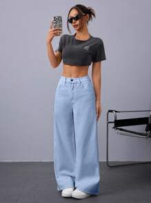 Jeanoix 高腰闊腿牛仔褲 - 淺色水洗藍 - 查看 7