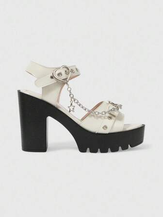 Grunge Punk Sandalias de tacón alto con diseño de cadena metálica con forma de corazón y estrella, plataforma impermeable, estilo punk con punta redonda, sandalias romanas beige, adecuadas para fiestas, uso diario, vestidos de noche, aumento de altura y alargamiento de piernas, tacones altos cómodos y versátiles