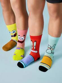 SpongeBob SquarePants | SHEIN 4 Pairs Soft & Breathable Moisture-Wicking Casual Men Mid-Calf Socks With Squidward & Krusty Krab, Fashionable And Cute Colorful Crew Socks, Reinforced Toe & Heel For Durability, Unisex For Women, All Season All-Match Summer Winter - Multicolor - View 6