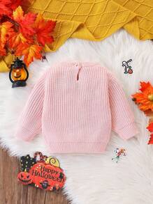 SHEIN Suéteres de cuello redondo de manga larga para niñas, naranja, beige, blanco, naranja, calabaza, caramelo, marrón, cómodos para otoño/invierno. Diseños bordados de línea, dibujos animados, calabaza, adecuados para Halloween, Navidad, festivales, lindos, casuales, versátiles, adecuados para uso diario, interior, exterior, viajes - Rosa Pálido - Ver 2