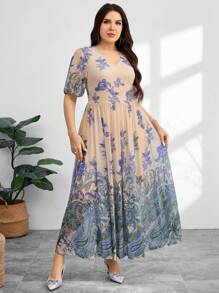 Modelyn Plus Size Women Floral Print V-Neck Puff Sleeve Elegant Dress - Multicolor - View 5