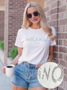 SHEIN MOOSTA Camiseta de mujer de manga corta con eslogan impreso "MILANO ITALY", camiseta informal con gráfico de MILAN ITALY para mujer