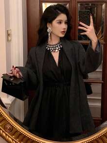 DAZY 女士宽松优雅纯色夹克，适合秋冬季节穿着 - 灰色 - 查看 4