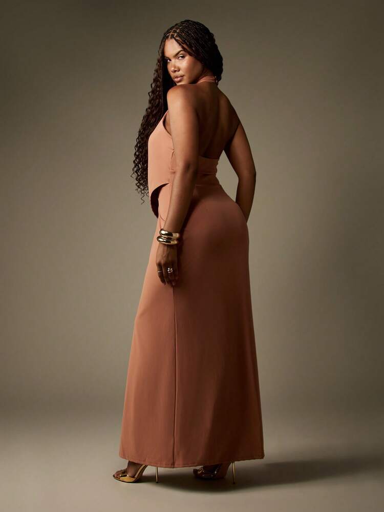 MISSGUIDED Elegant Plunging Halter Neck Maxi Dress High Slit Evening Gown Draped Bodycon Wedding Guest Party Formal Ball Gown