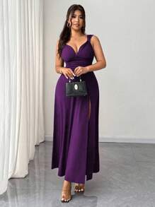 Elenzga Women's Plus Size Solid Color Twist Knot V-Neck High Slit High Stretch Knit Party Cocktail Versatile Stylish Design 2025 New Dress - Purple - View 7