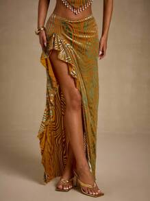 Glamine 天鹅绒荷叶边高开叉优雅半身裙