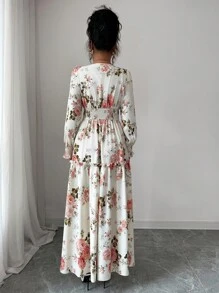 Elenzga 女式碎花灯笼袖中长连衣裙，浪漫法式设计，褶皱下摆，收腰，修身性感 V 领，适合约会、派对，可与夹克叠穿 - 彩色 - 查看 6