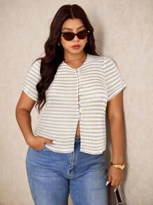 Elaquor 大码夏季休闲通勤条纹纽扣T恤 - 杏色 - 查看 6