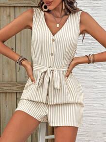 SHEIN PETITE Summer Vacation Casual Striped Sleeveless Front Button Romper - White - View 4