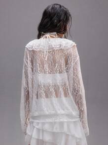 ROMWE EDITION Blus Wanita Berenda Transparan dengan Leher Berlipat Dalam Bergaya Punk Romantis - Putih - View 9