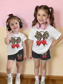 SHEIN Playful Pals Baby Girls Casual Fashion Creative Cherry Shaped, Leopard Element Bow Print Short Sleeve T-Shirt And Shorts Set, Sibling Outfits Matching Outfits (2 Sets Pieces Are Sold Separately) - Multicolor - View 3