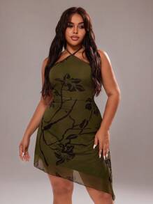 Rustia Green Spaghetti Strap Mesh Floral Print Mini Dress