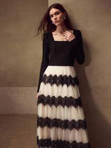 MOTF PREMIUM CONTRAST LACE COLORBLOCK DRESS - Black and White - View 5